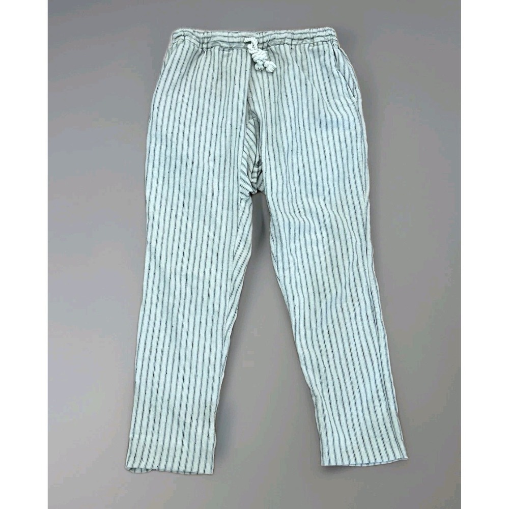 Yeva Stripe Linen White Gray Pants Drawstring Pockets 32-34 In. Waist